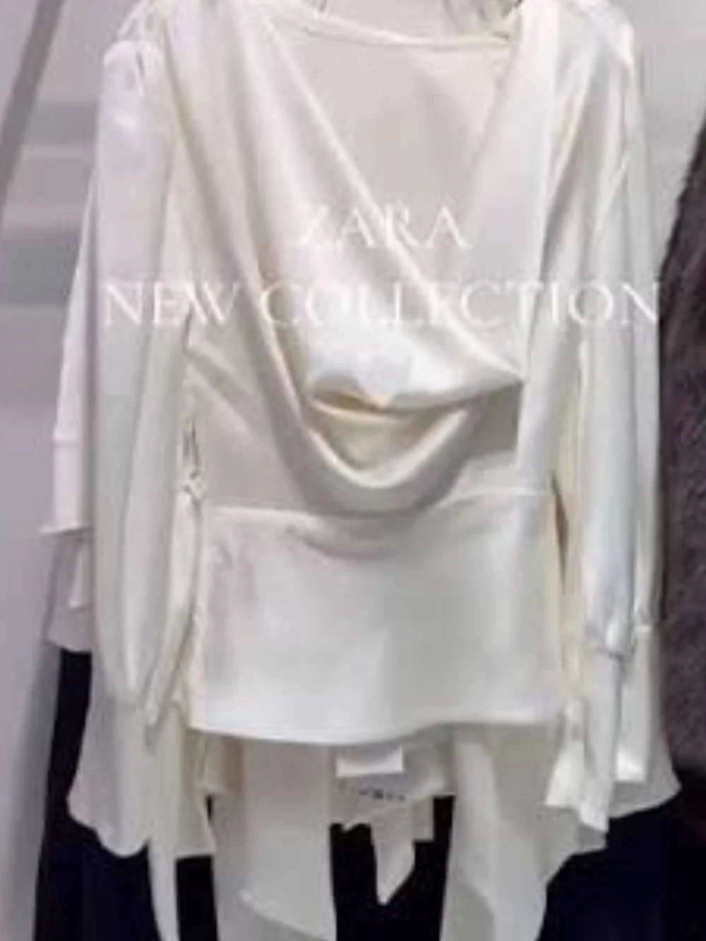 Zara Ivory Satin Draped Blouse with Neck Tie